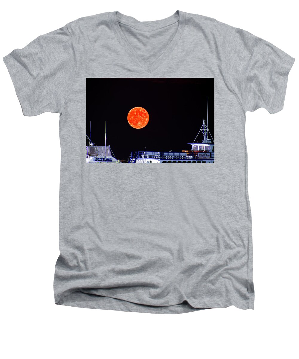 Moon Men's V-Neck T-Shirt featuring the photograph Super Moon over Crazy Sister Marina by Bill Barber