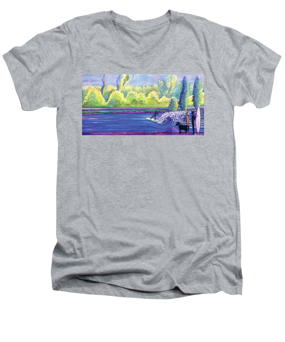 River Men's V-Neck T-Shirt featuring the painting Surf Colorado by David Sockrider