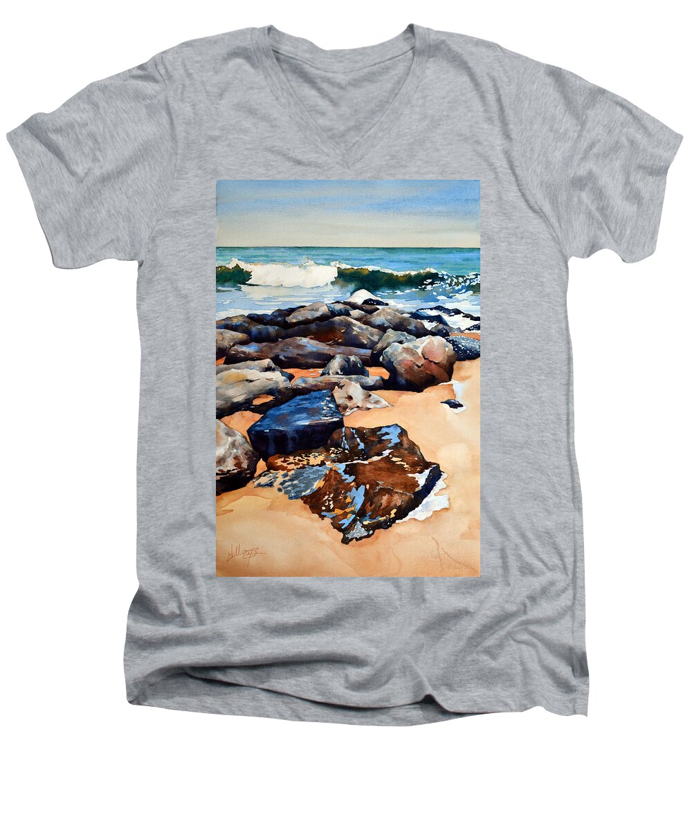 Beach Men's V-Neck T-Shirt featuring the painting Surf on the Jetty by Mick Williams
