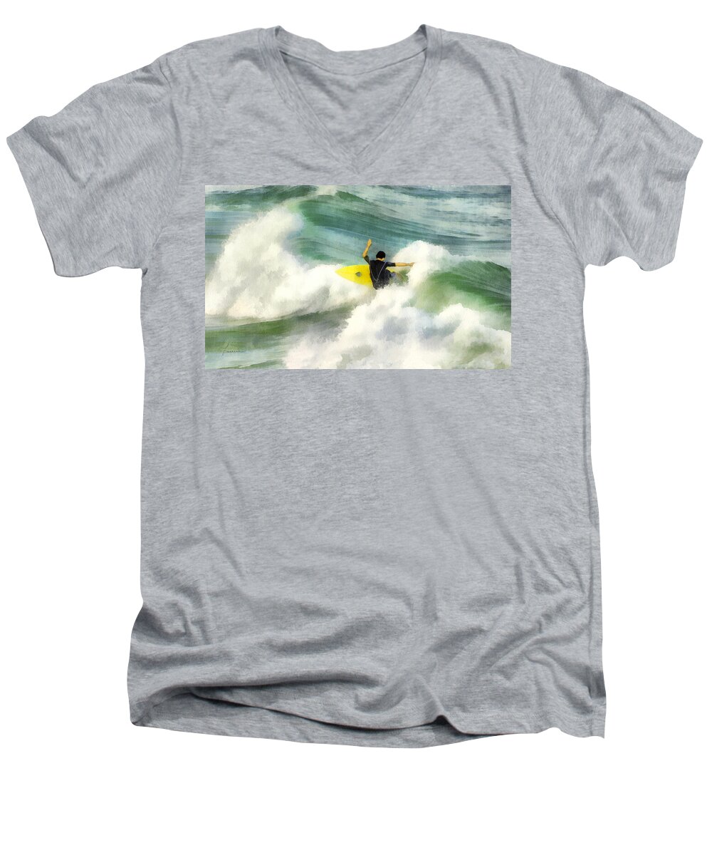Surf Surfer Wave Ocean Sport Recreation Water Sea Breaker Board Man Male Guy Men's V-Neck T-Shirt featuring the digital art Surfer 76 by Frances Miller
