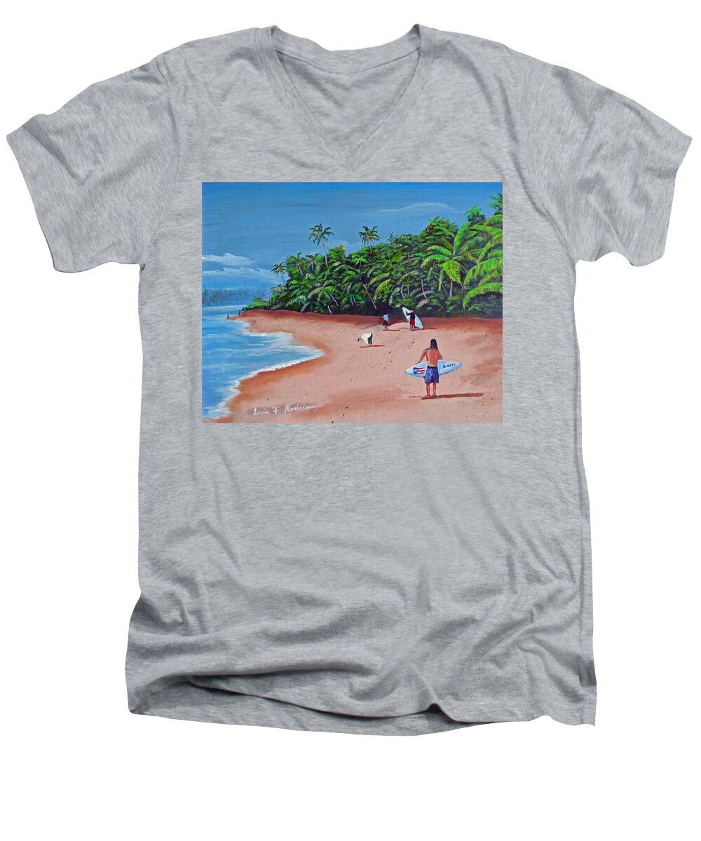 Surfers Men's V-Neck T-Shirt featuring the painting Surfing A La Rincon by Luis F Rodriguez