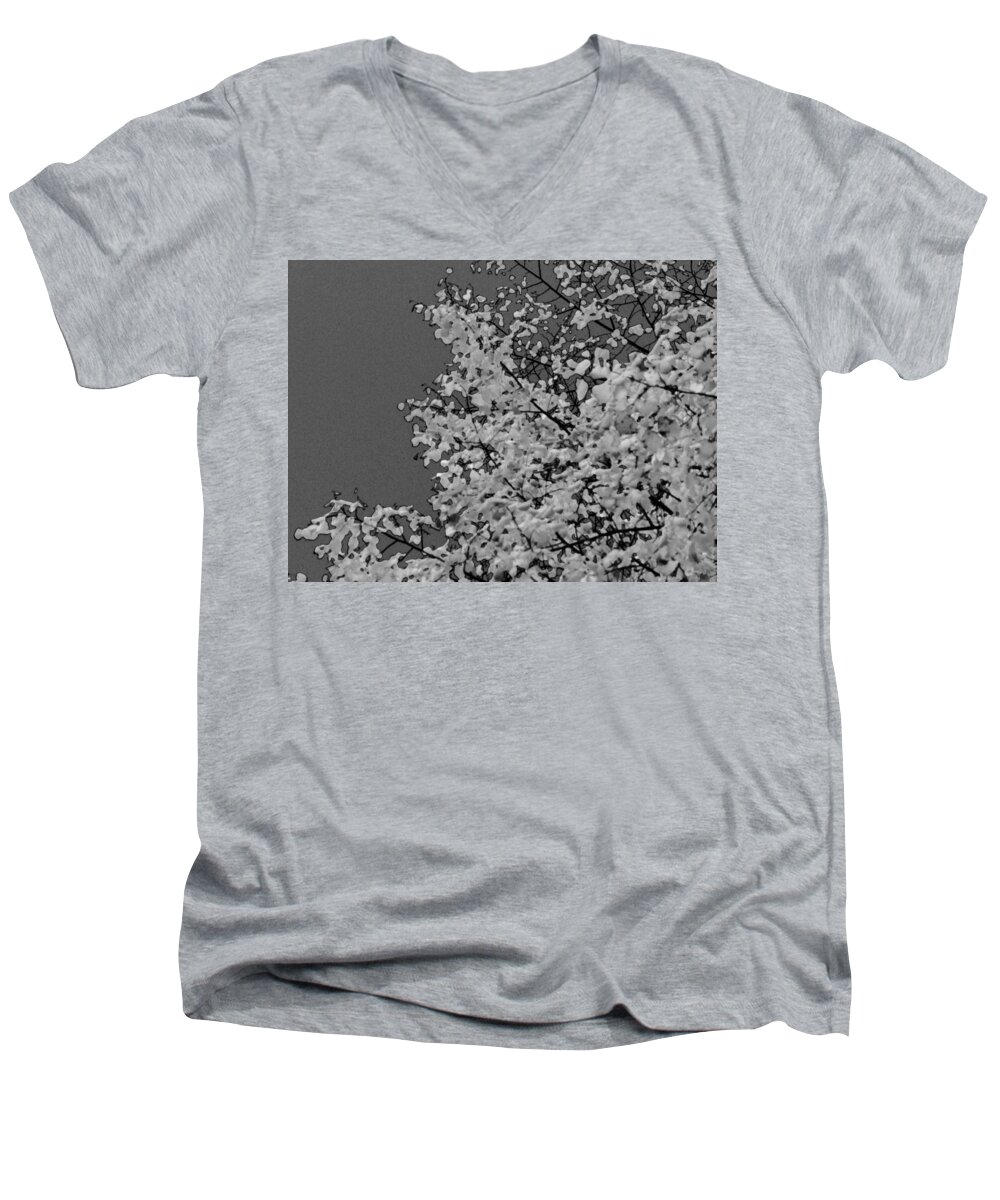 Noir Men's V-Neck T-Shirt featuring the photograph Surreal Deconstruction of Fall Foliage in Noir by Michael Oceanofwisdom Bidwell