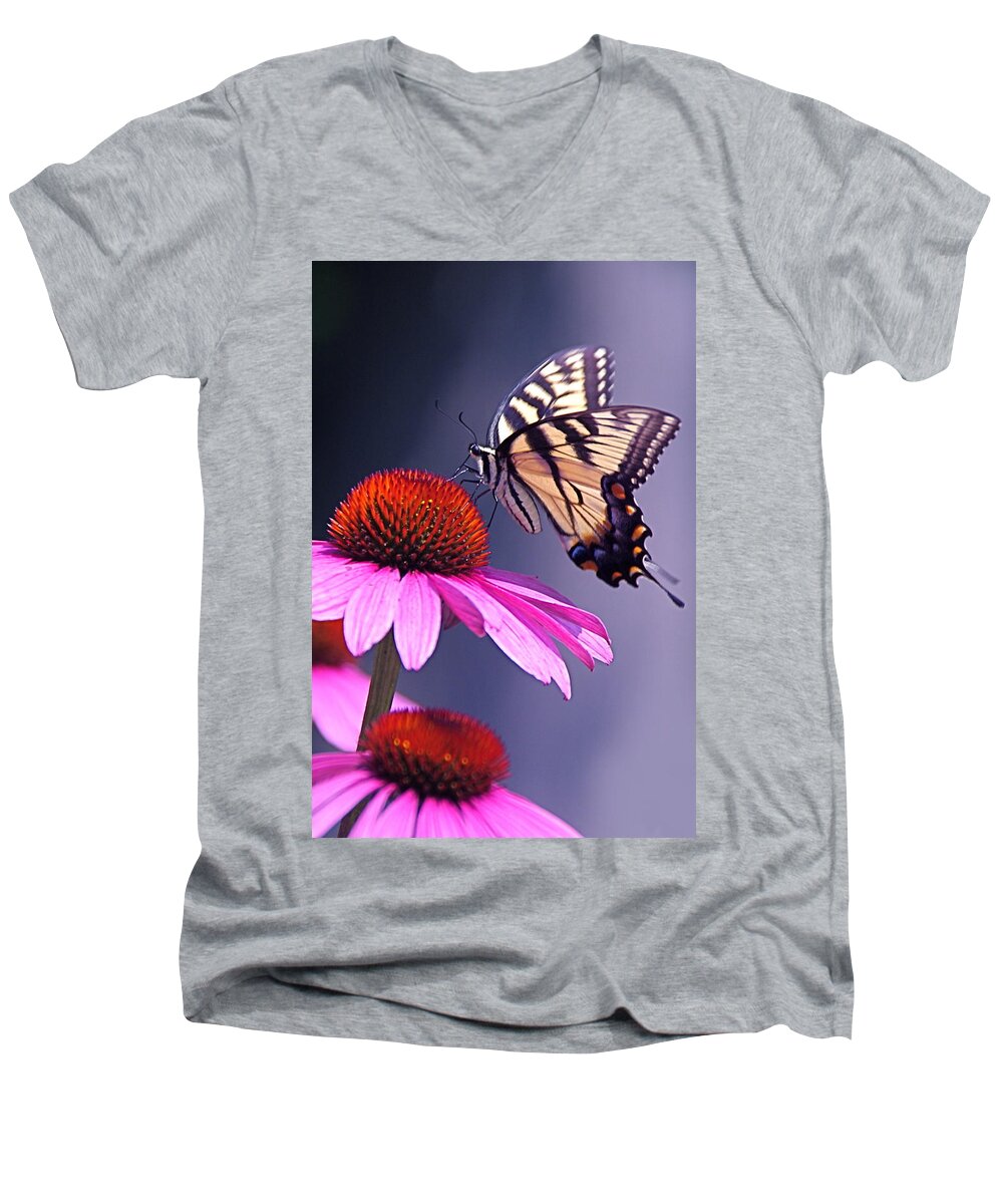 Eastern Men's V-Neck T-Shirt featuring the photograph Swallowtail and Coneflower by Byron Varvarigos