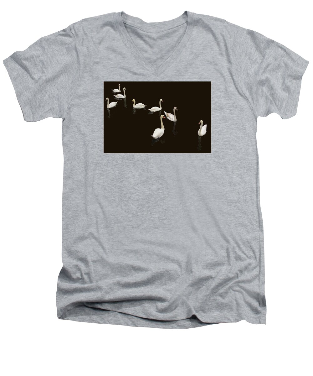 Background Black Men's V-Neck T-Shirt featuring the photograph Swan Family On Black by Constantine Gregory