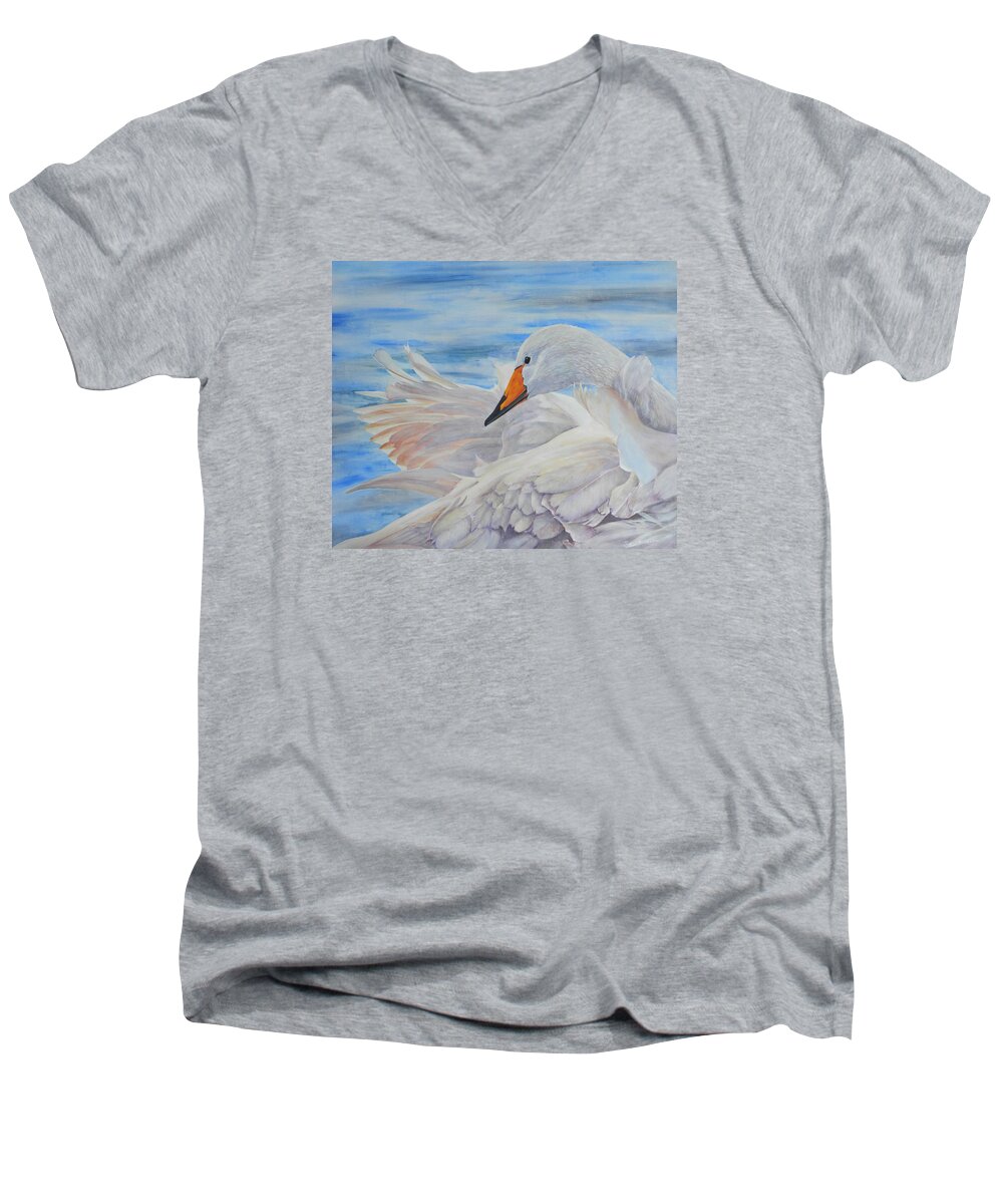Swan Men's V-Neck T-Shirt featuring the painting Swan Lake by John Neeve