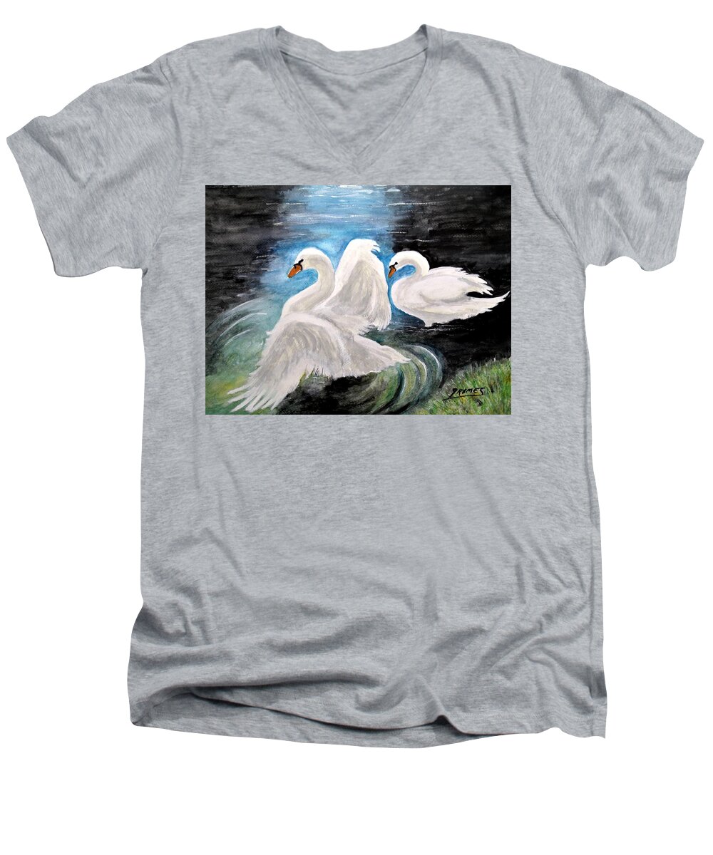 Birds Men's V-Neck T-Shirt featuring the painting Swans in Love by Carol Grimes