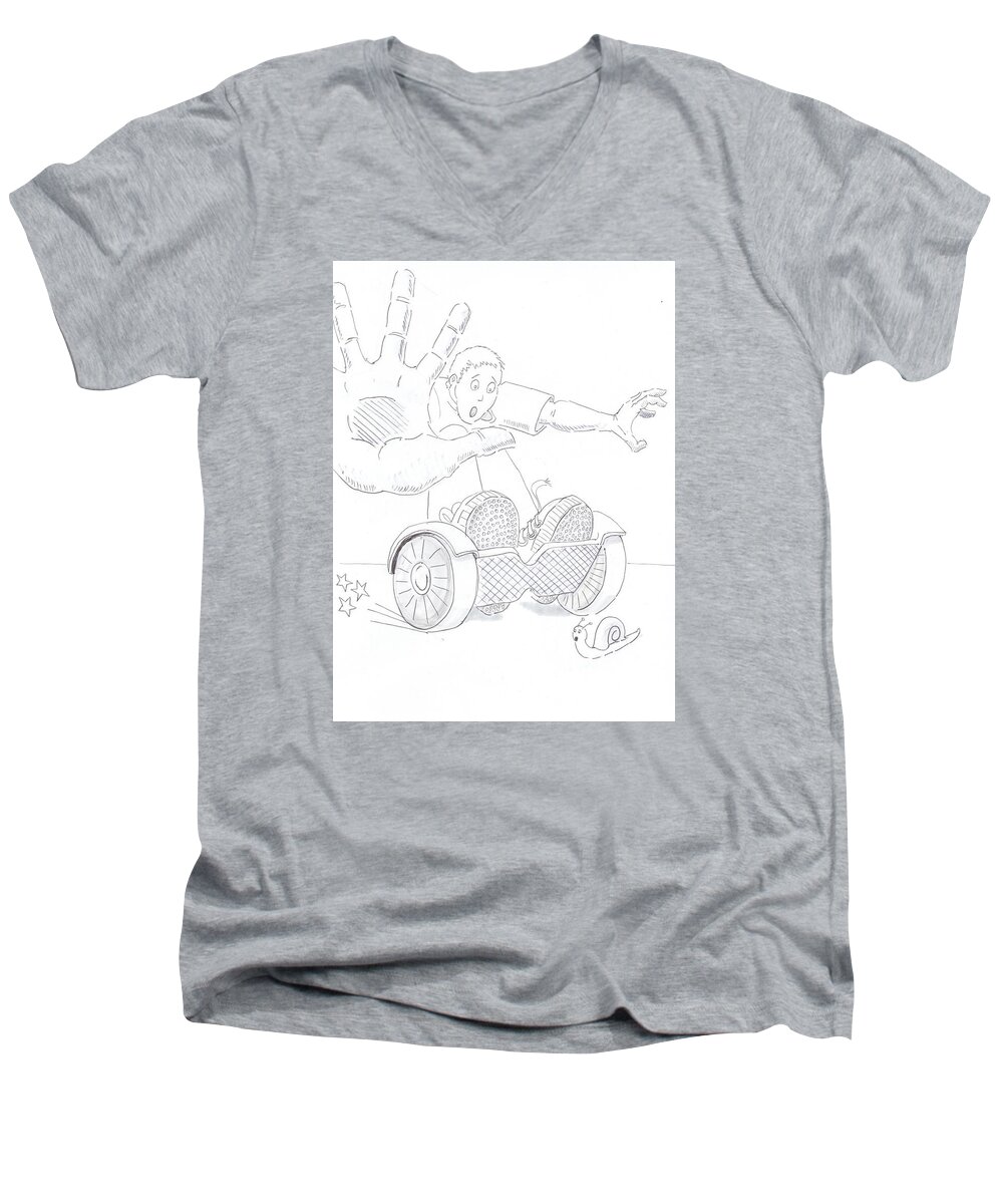 Swegway Men's V-Neck T-Shirt featuring the drawing Swegway Hoverboard Emergency Stop Cartoon by Mike Jory