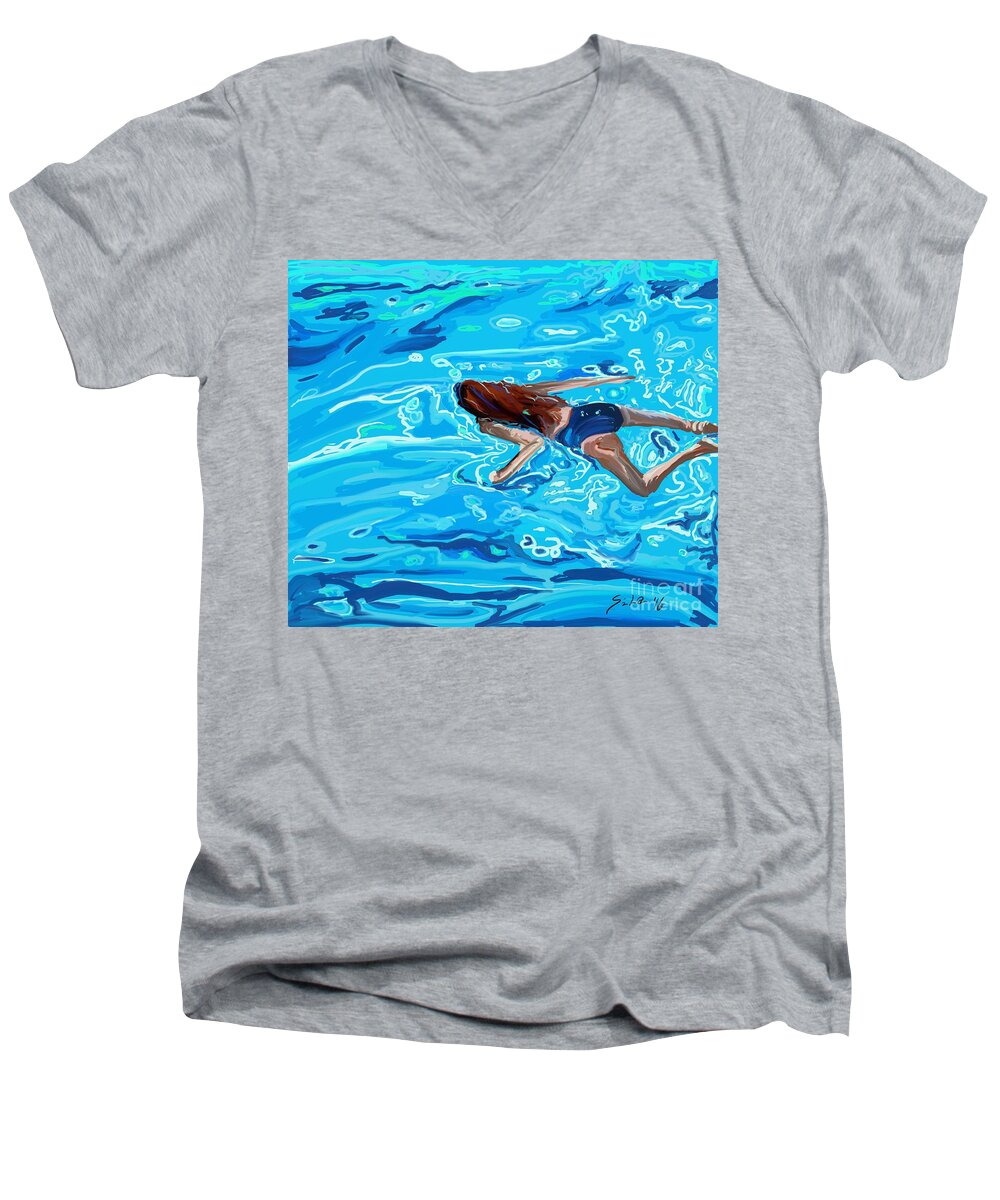 Swimmers Men's V-Neck T-Shirt featuring the digital art Swimmer 2 by Lidija Ivanek - SiLa