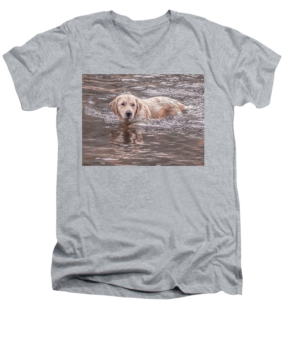 Golden Retriever Men's V-Neck T-Shirt featuring the photograph Swimming Puppy by Jennifer Grossnickle