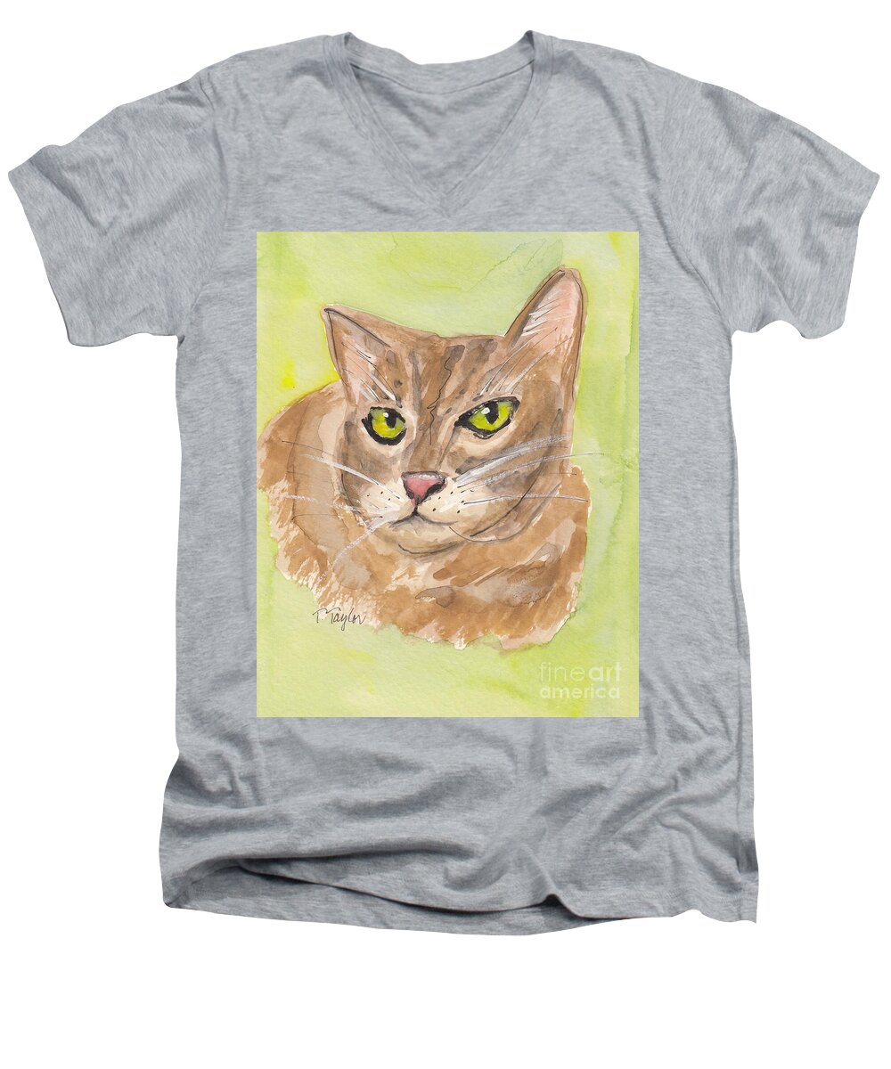 Cat Men's V-Neck T-Shirt featuring the painting Tabby with Attitude by Terry Taylor