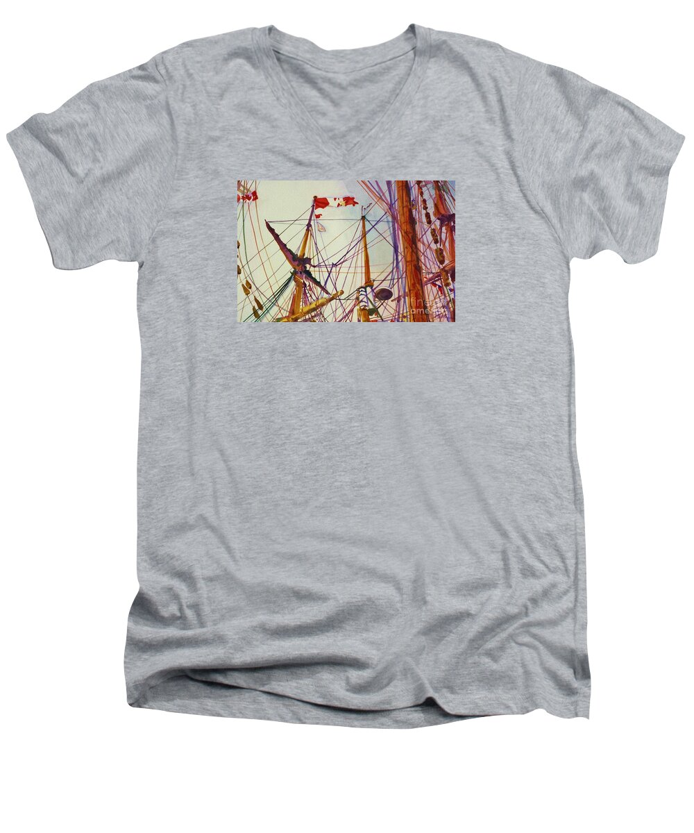 Cynthia Pride Watercolor Paintings Men's V-Neck T-Shirt featuring the painting Tall Ship Lines by Cynthia Pride
