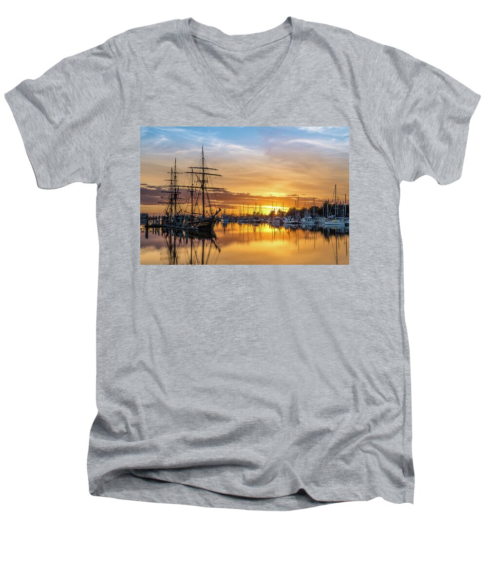 Woodley Island Marina Men's V-Neck T-Shirt featuring the photograph Tall Ships Sunset 1 by Greg Nyquist