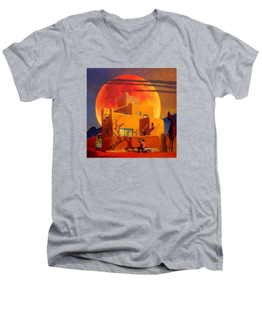 Rare Men's V-Neck T-Shirt featuring the painting Taos Wolf Moon by Art West