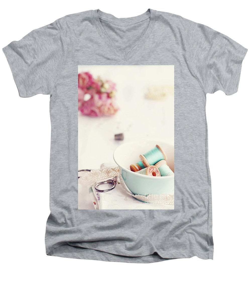 Vintage Men's V-Neck T-Shirt featuring the photograph Teacup Full of Vintage Spools of Thread by Stephanie Frey