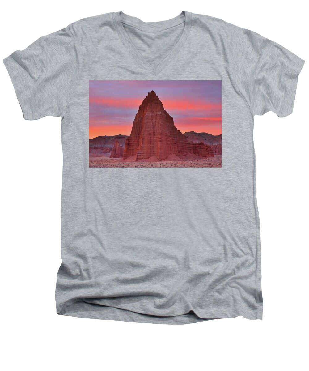Temple Men's V-Neck T-Shirt featuring the photograph Temple of the Sun and Moon at sunrise at Capitol Reef National Park by Jetson Nguyen