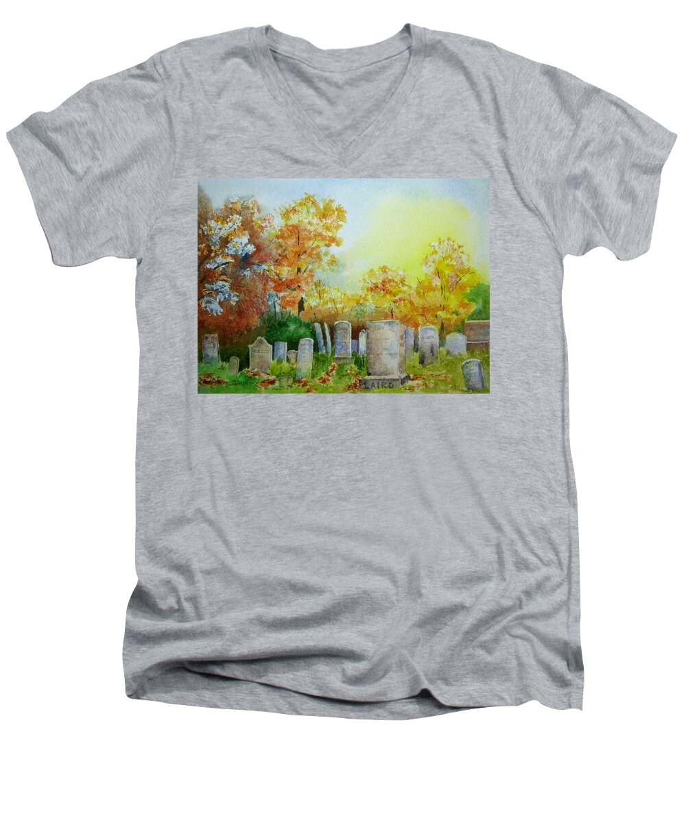 Watercolor Men's V-Neck T-Shirt featuring the painting Tennant Cemetery New Jersey by Pat Dolan