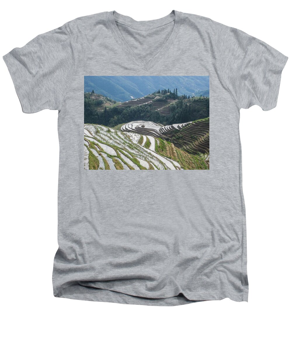 Scene Men's V-Neck T-Shirt featuring the photograph Terrace fields scenery in spring by Carl Ning