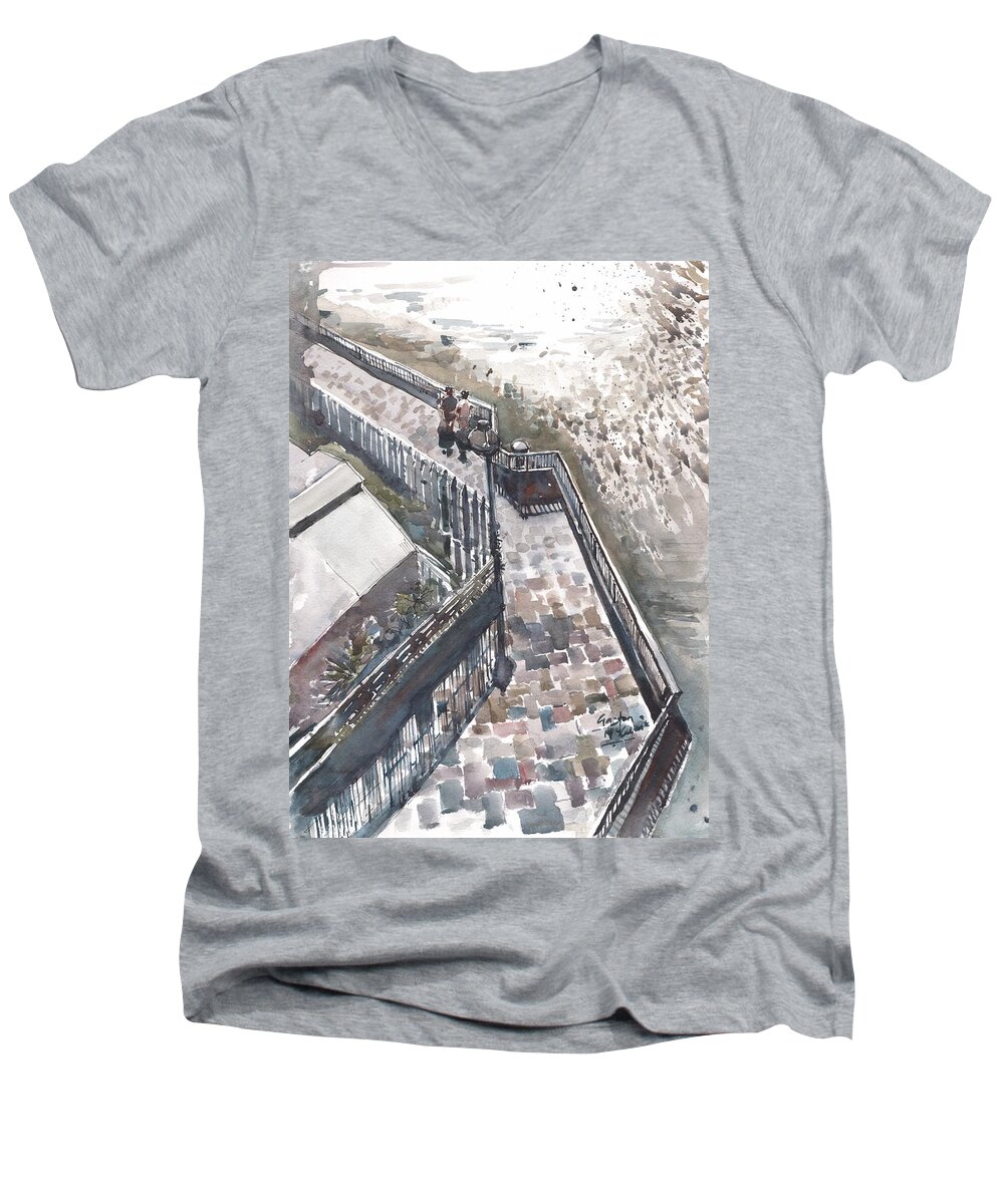 London Men's V-Neck T-Shirt featuring the painting Thames Riverwalk by Gaston McKenzie