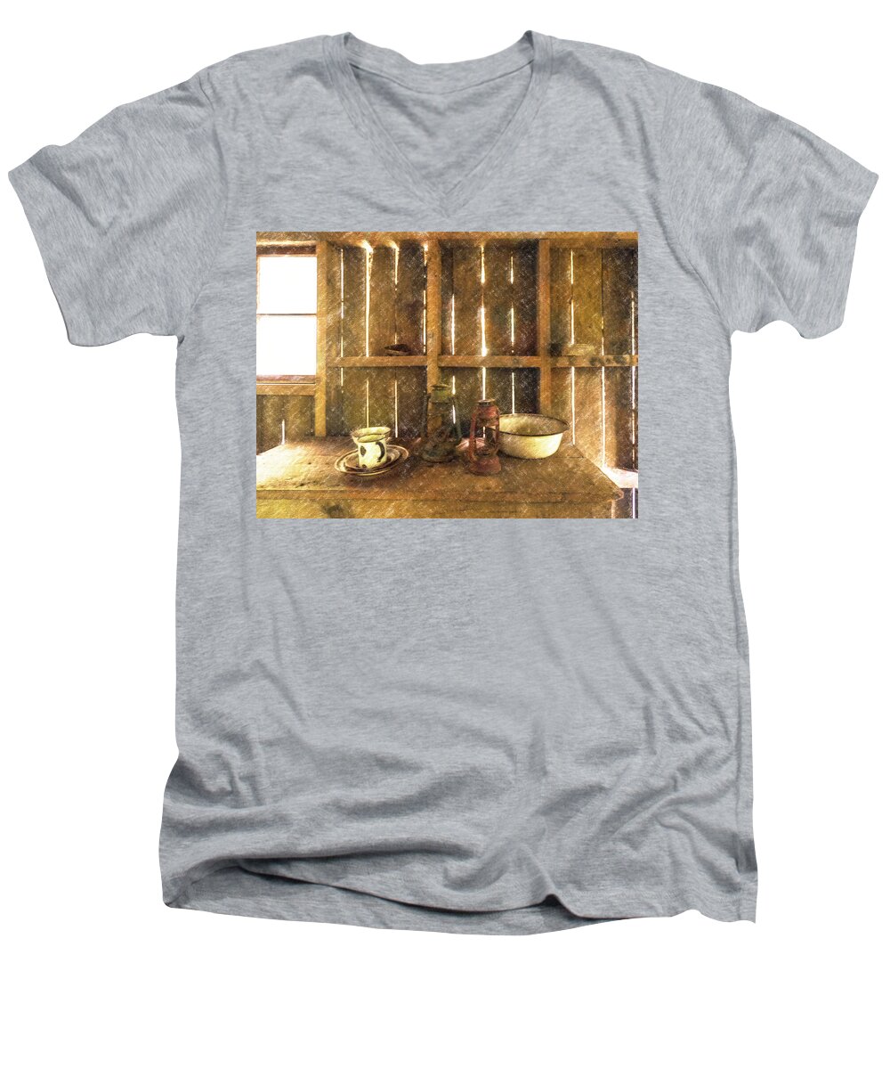 Draughty Men's V-Neck T-Shirt featuring the digital art The Abandoned Cabin by Steve Taylor