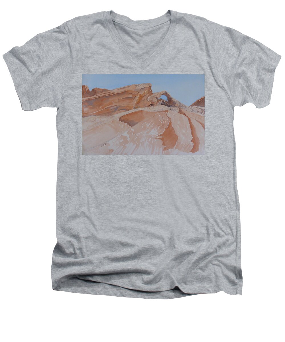 Eastern Nevada State Parks Men's V-Neck T-Shirt featuring the painting The Arch Rock Experiment - VI by Joel Deutsch