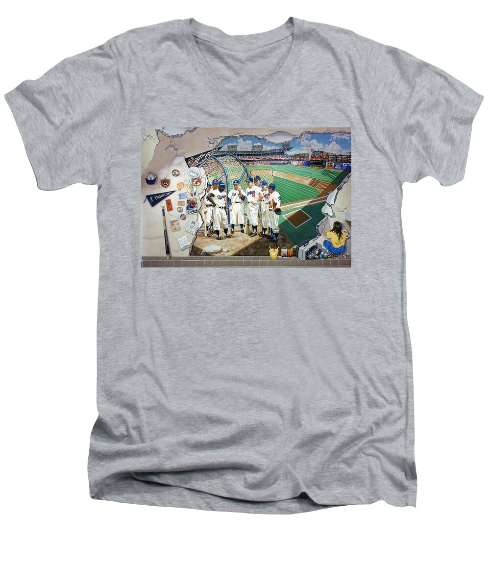 Brooklyn Men's V-Neck T-Shirt featuring the painting The Brooklyn Dodgers In Ebbets Field by Bonnie Siracusa
