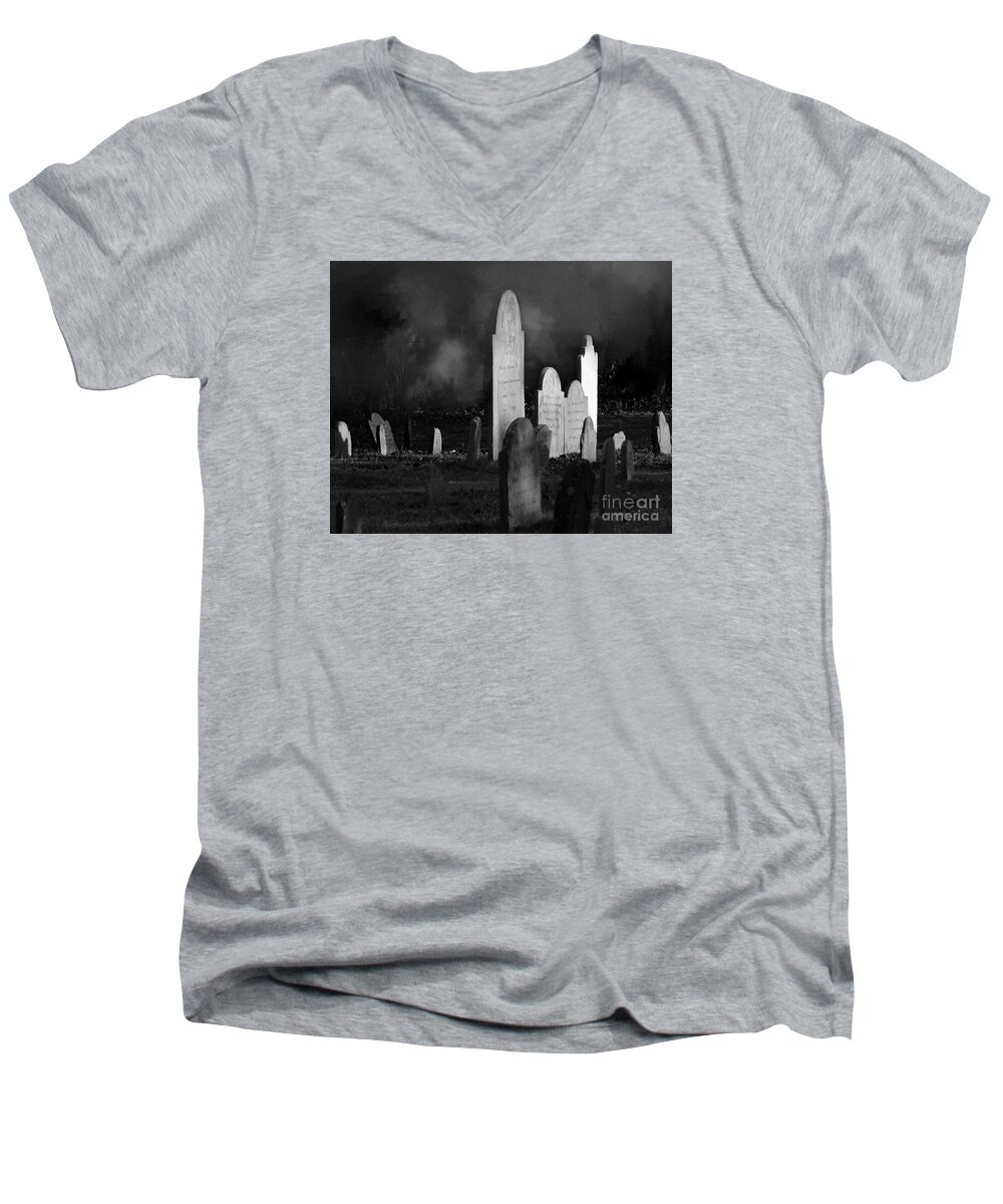 Salem Men's V-Neck T-Shirt featuring the photograph The Burying Point Salem Ma 1637 by Mim White