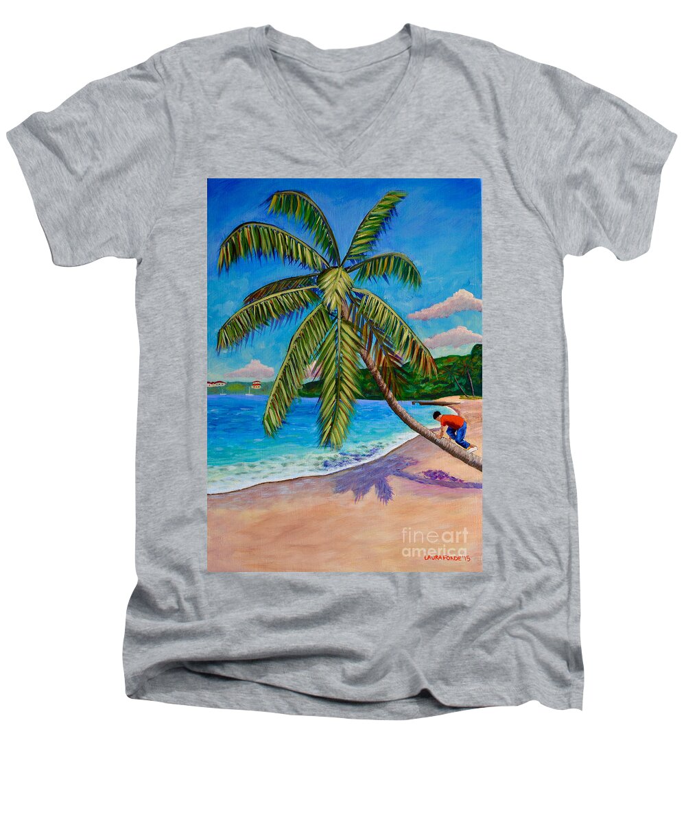 Coconut Tree Men's V-Neck T-Shirt featuring the painting The Climb by Laura Forde