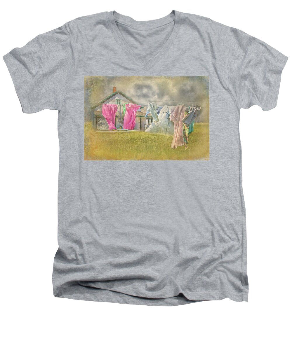 Clothesline Men's V-Neck T-Shirt featuring the digital art The Clothesline by Jolynn Reed