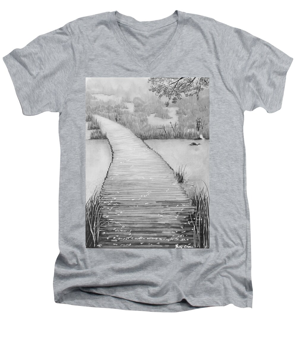 Pencil Men's V-Neck T-Shirt featuring the drawing The Divine Path by Betsy Carlson Cross
