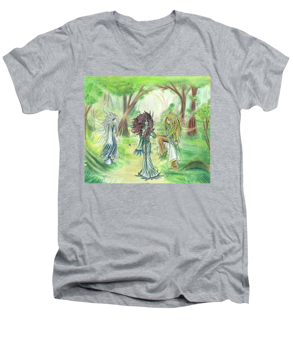 Fae Men's V-Neck T-Shirt featuring the painting The Fae - Sylvan Creatures of the Forest by Shawn Dall