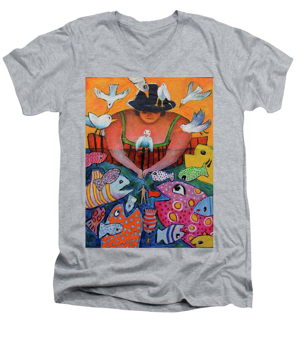 Animals Men's V-Neck T-Shirt featuring the painting The Fisherman's Almanac by Jeremy Holton