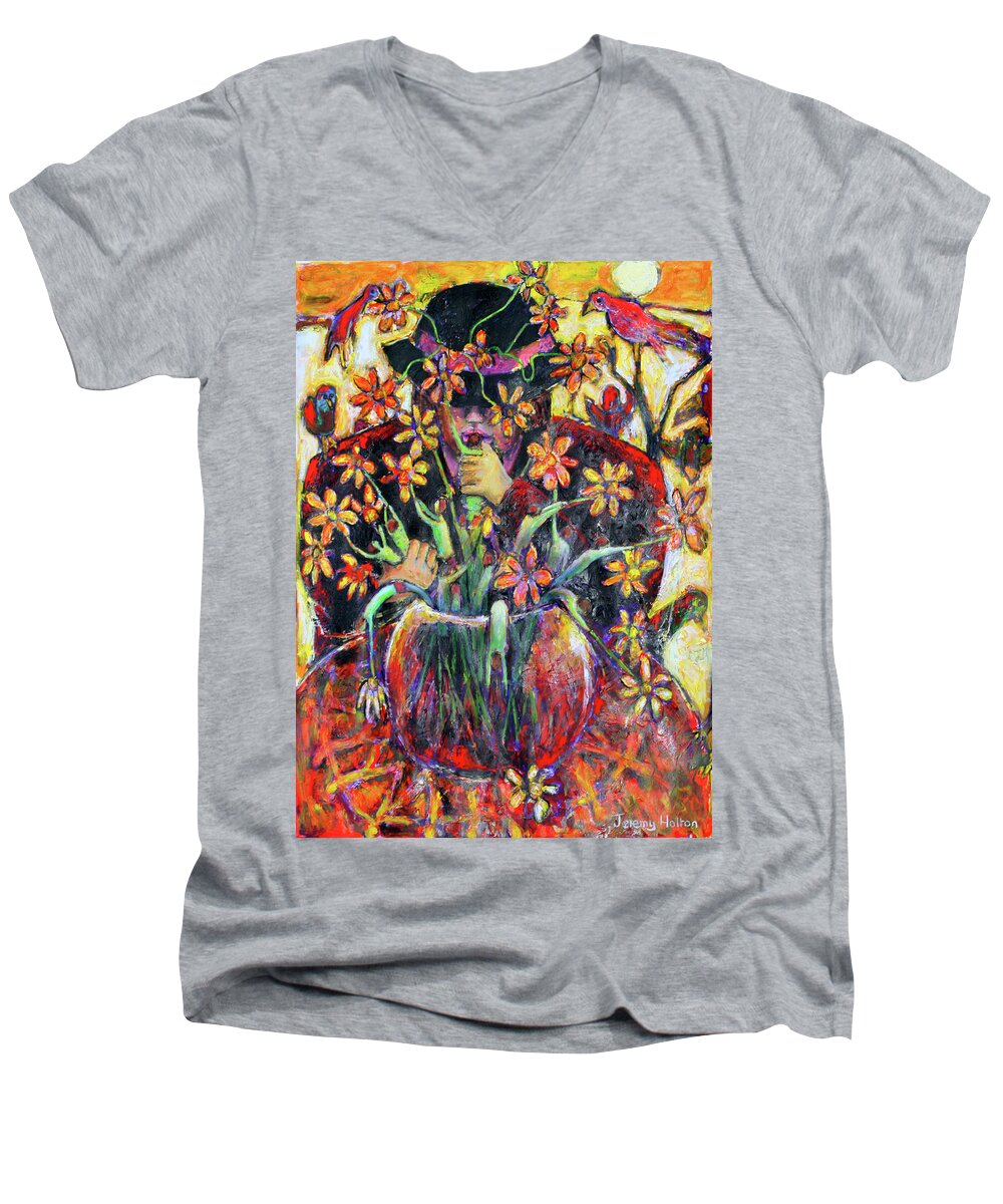 Animals Men's V-Neck T-Shirt featuring the painting The flower arranger by Jeremy Holton
