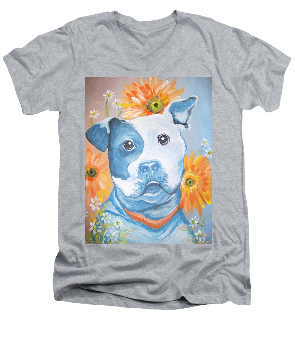 Dog Men's V-Neck T-Shirt featuring the painting The Flower Pitt by Leslie Manley
