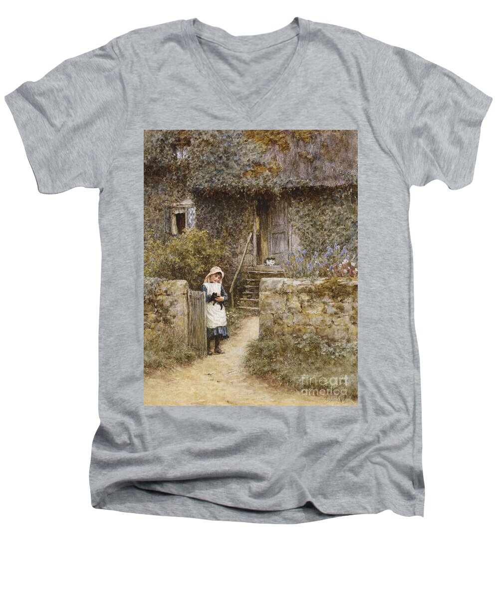 Cottage; English; Landscape; Rural; Girl; Child; C19th; C20th; Path; Bonnet; Kitten; Cat; Ivy; Creeper; Victorian Men's V-Neck T-Shirt featuring the painting The Garden Gate by Helen Allingham