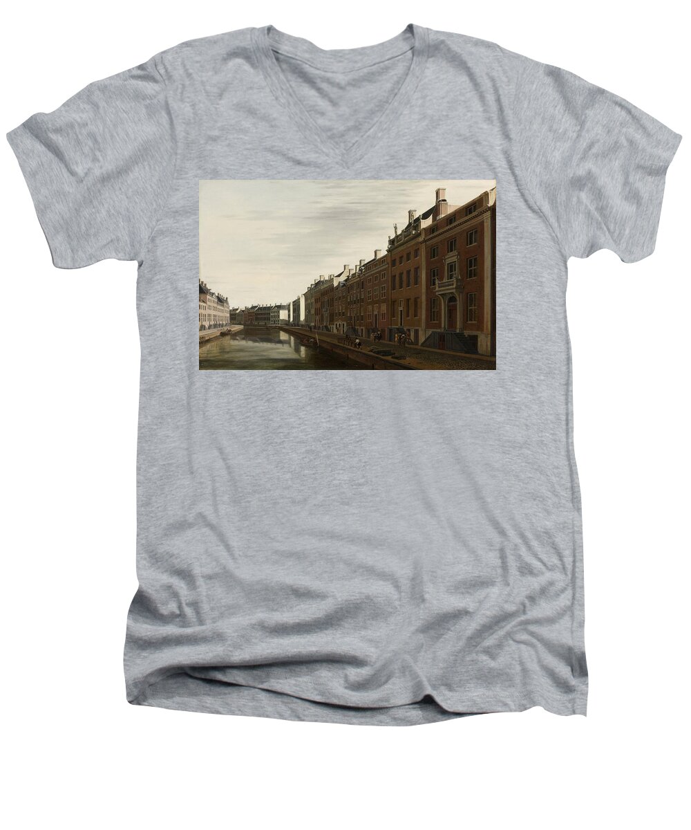 Painting Men's V-Neck T-Shirt featuring the painting The Golden Bend in the Herengracht, Amsterdam, Seen from the West, 1672 by Vincent Monozlay