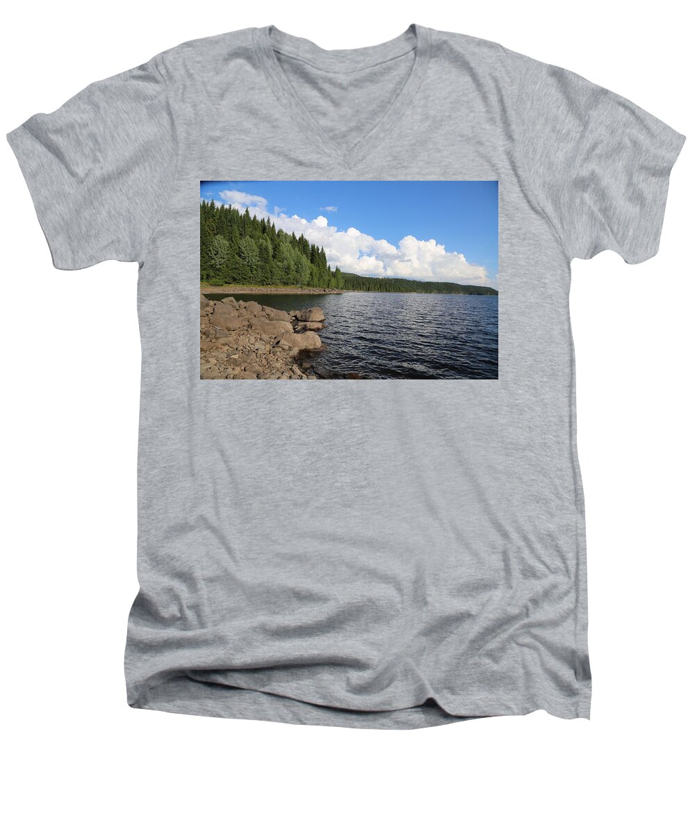 Reflection Waterfront Water Clouds White Rocks Rock Nature View Panorama Landscape Photo Green Woods Outdoors Countryside Sky Blue White Black Nature Landscape View Photo Norway Scandinavia Europe Lake Forrest Men's V-Neck T-Shirt featuring the digital art The Great Lake by Jeanette Rode Dybdahl