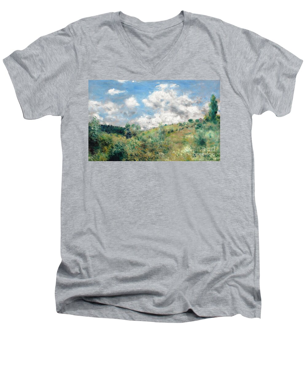 Impressionist; Landscape; Windy; Impressionism Men's V-Neck T-Shirt featuring the painting The Gust of Wind by Pierre Auguste Renoir