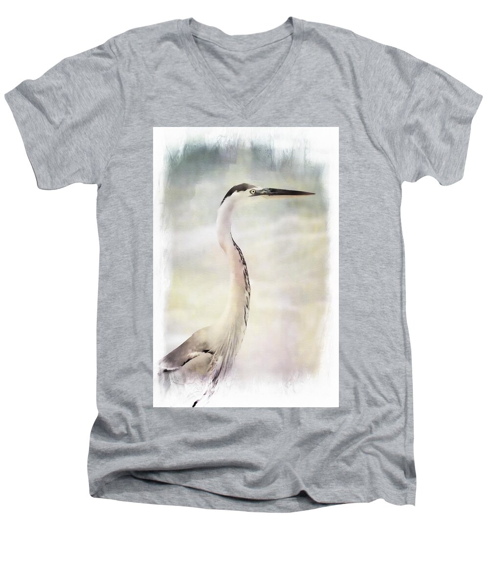 Heron Men's V-Neck T-Shirt featuring the photograph The Heron by Stoney Lawrentz