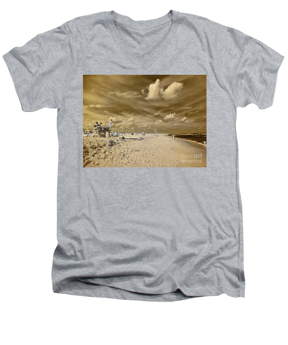 Lifeguards Men's V-Neck T-Shirt featuring the photograph The Lifeguard Stand by Jeff Breiman