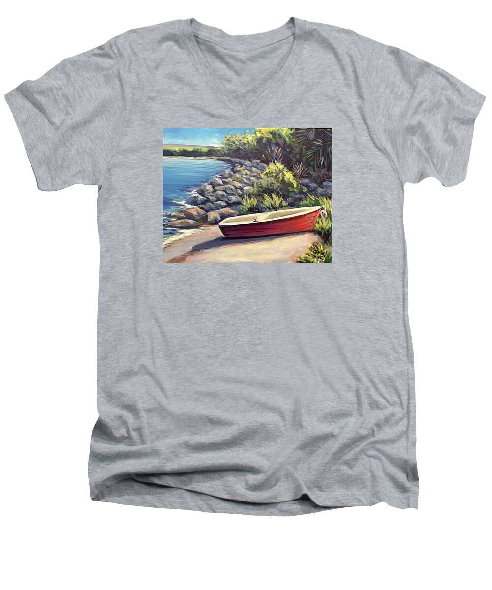 Red Men's V-Neck T-Shirt featuring the painting The Little Red Boat by Gretchen Ten Eyck Hunt