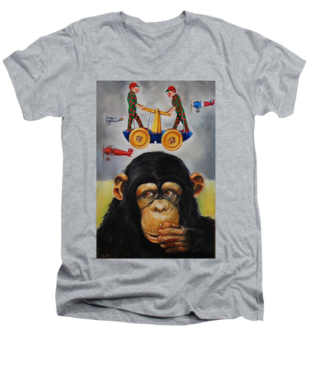 Tin Toys Men's V-Neck T-Shirt featuring the painting The Magnificent Flying Strauss by Jean Cormier
