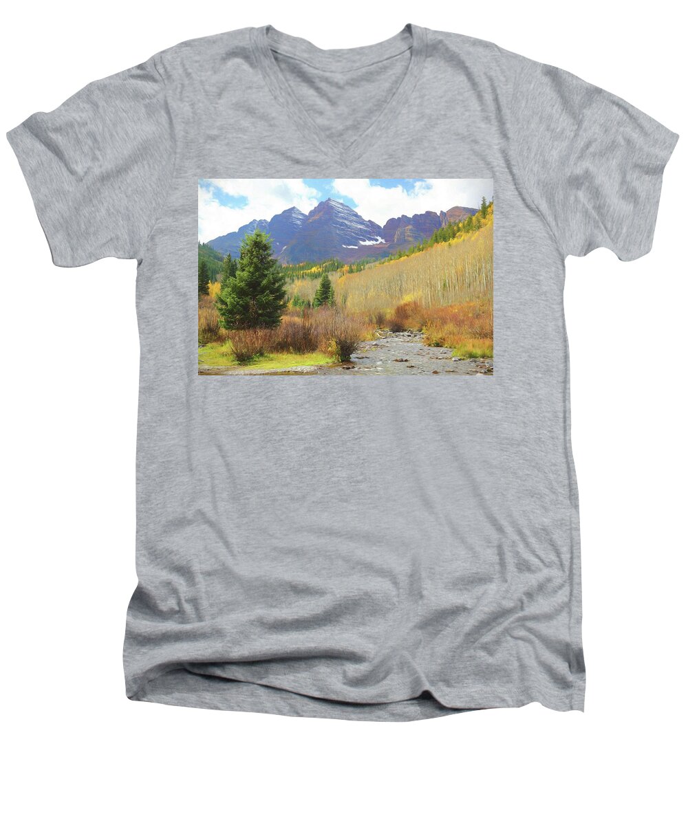 Colorado Men's V-Neck T-Shirt featuring the photograph The Maroon Bells Reimagined 3 by Eric Glaser