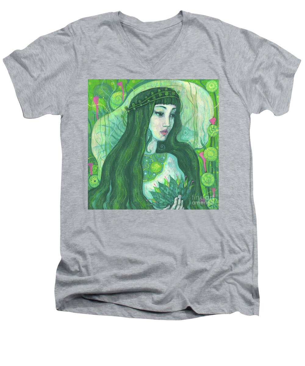 Undine Men's V-Neck T-Shirt featuring the painting Green Mermaid, Imaginary Portrait, Fantasy Art by Julia Khoroshikh