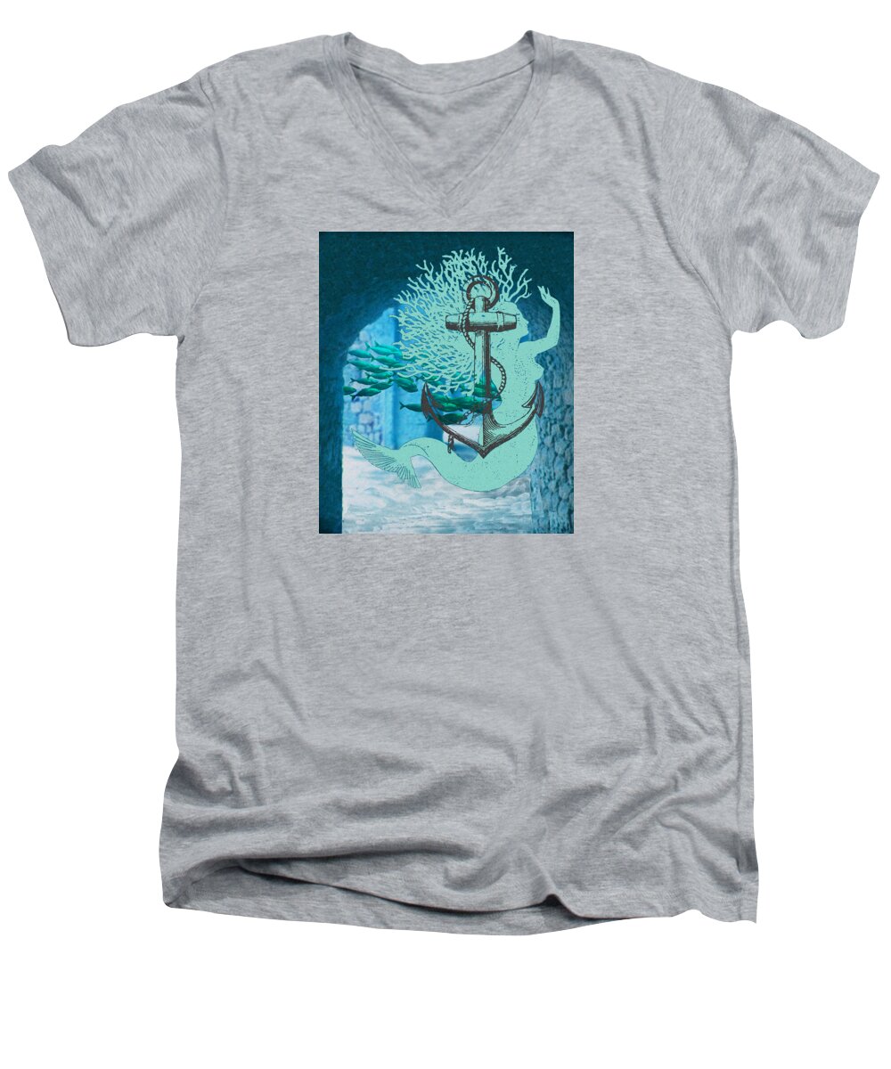 Mermaid Fantasy Art Canvas Print Men's V-Neck T-Shirt featuring the photograph The Mermaid The Anchor And School Of Fish In The Underwater Ruins by Sandra McGinley