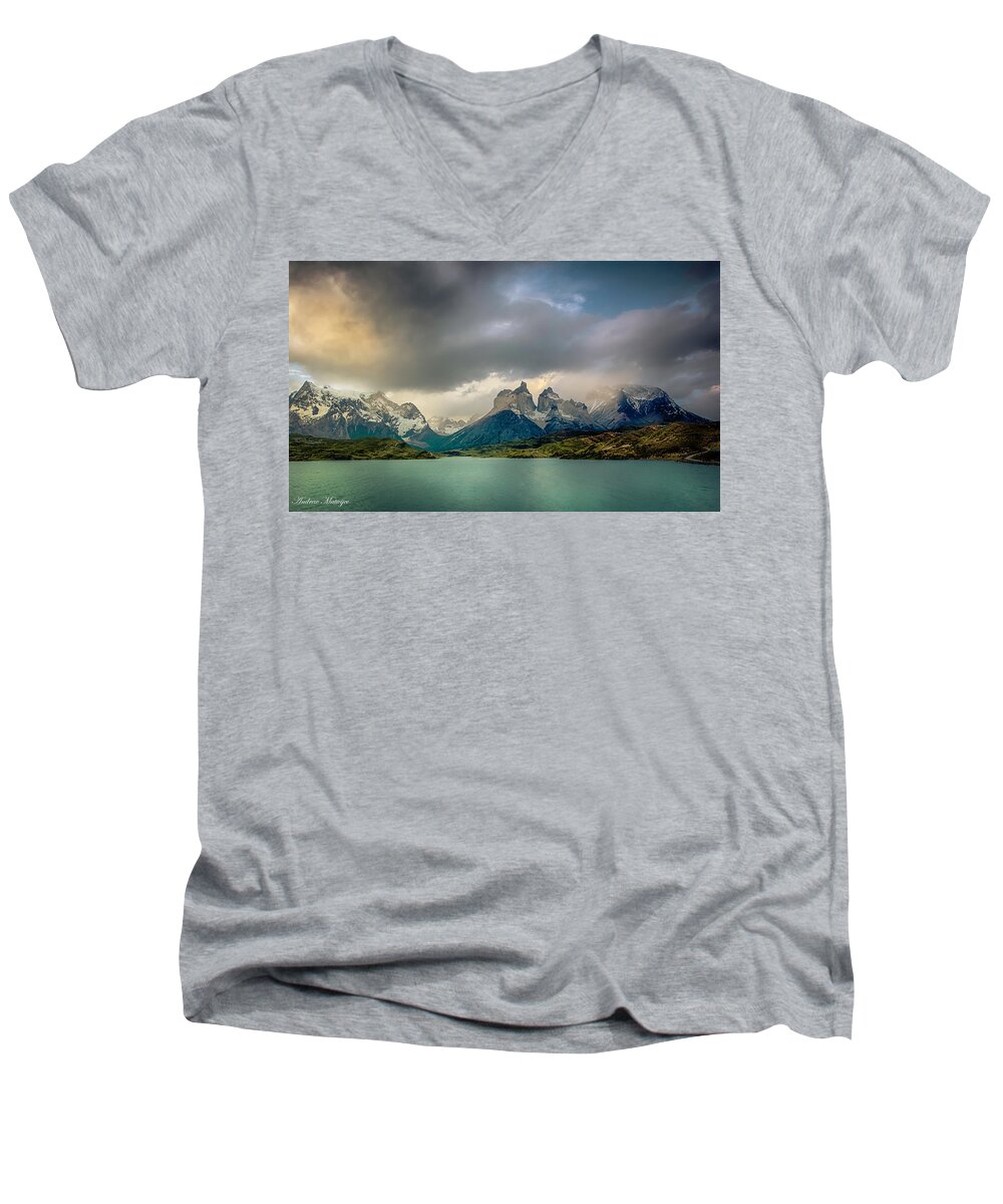 Mountains Men's V-Neck T-Shirt featuring the photograph The Mountains on the Lake by Andrew Matwijec