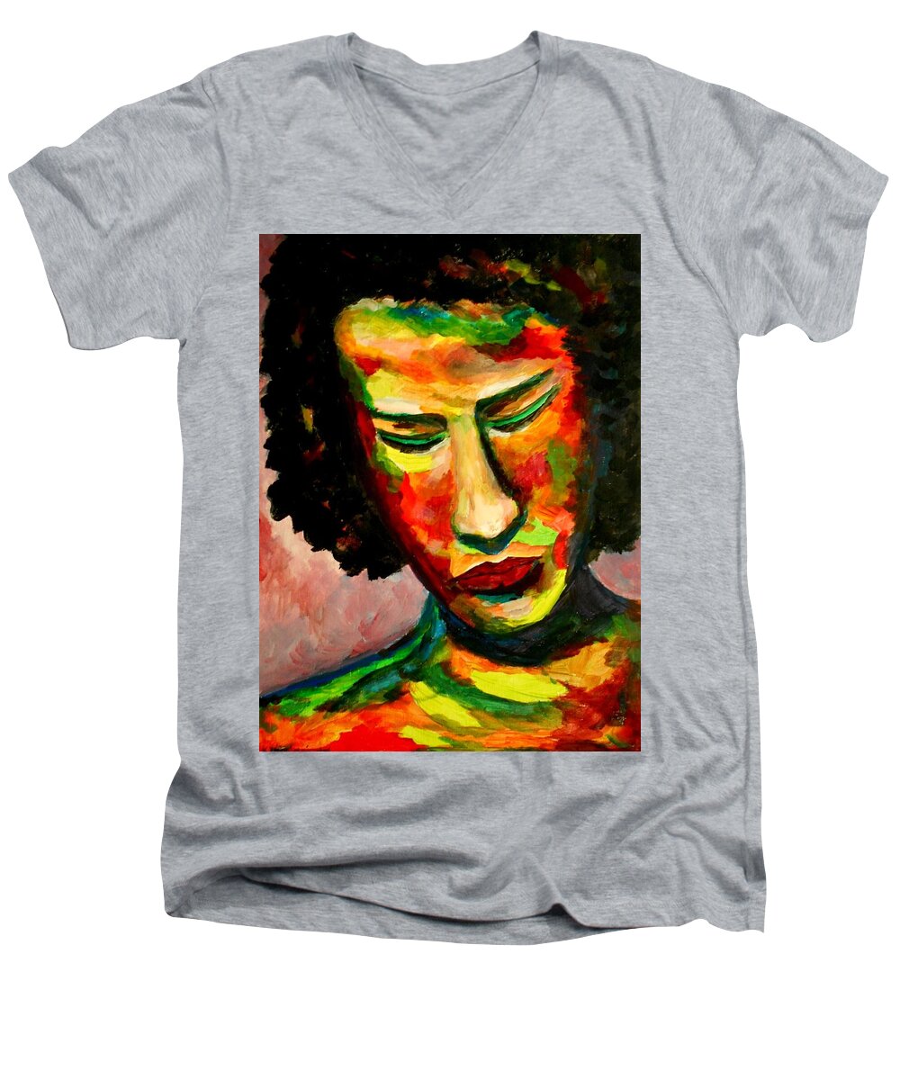 Expressionism Men's V-Neck T-Shirt featuring the painting The musician's feelings by Konstantinos Charalampopoulos