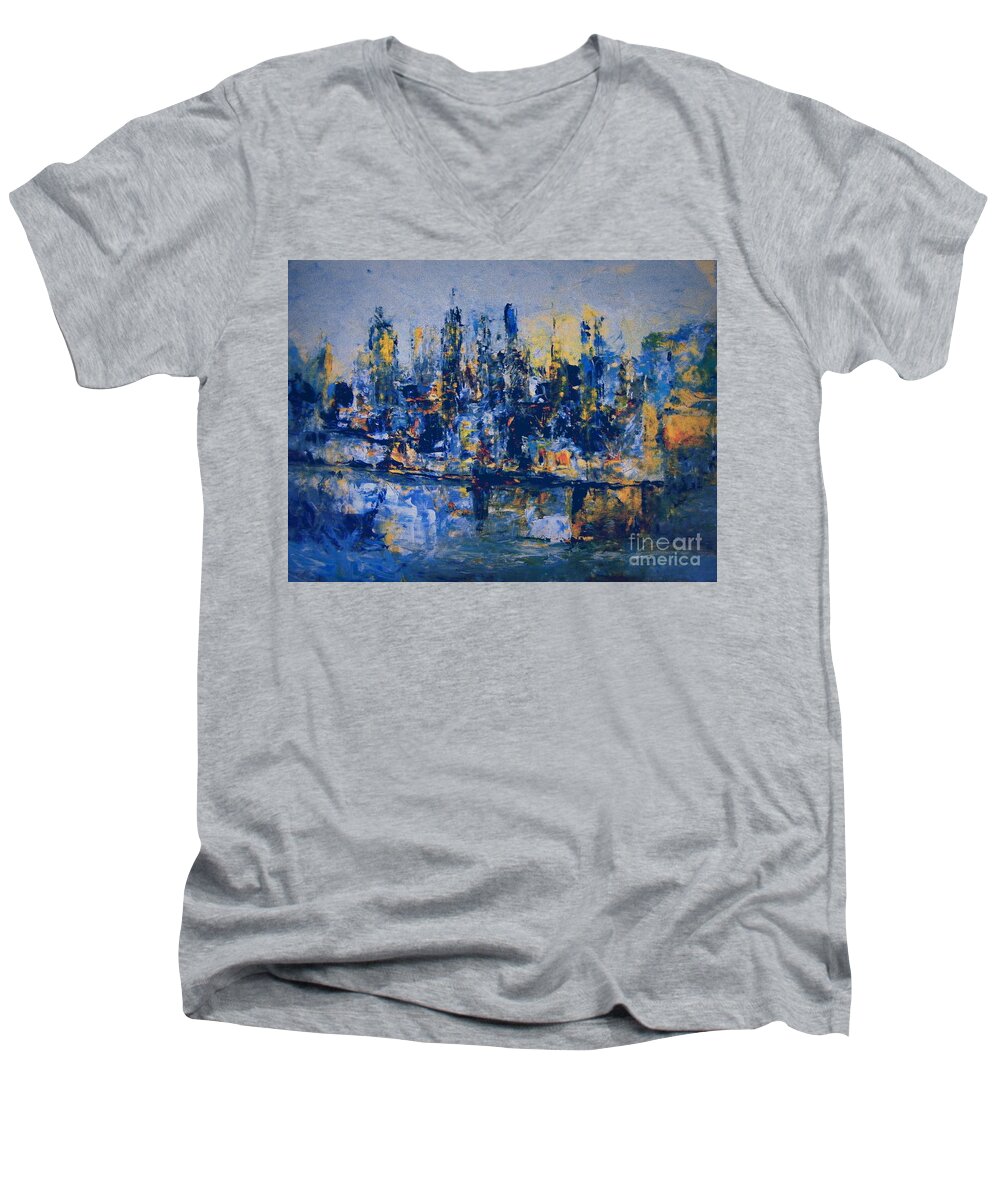 Abstract Acrylic City Painting Men's V-Neck T-Shirt featuring the painting The Night City by Nancy Kane Chapman