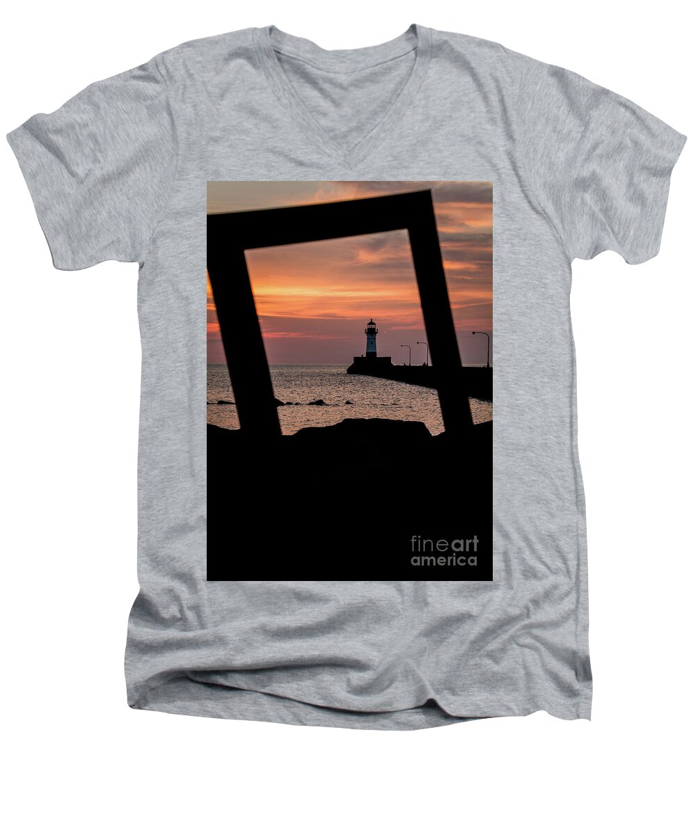 Lake Men's V-Neck T-Shirt featuring the photograph The North Pier Lighthouse by Deborah Klubertanz