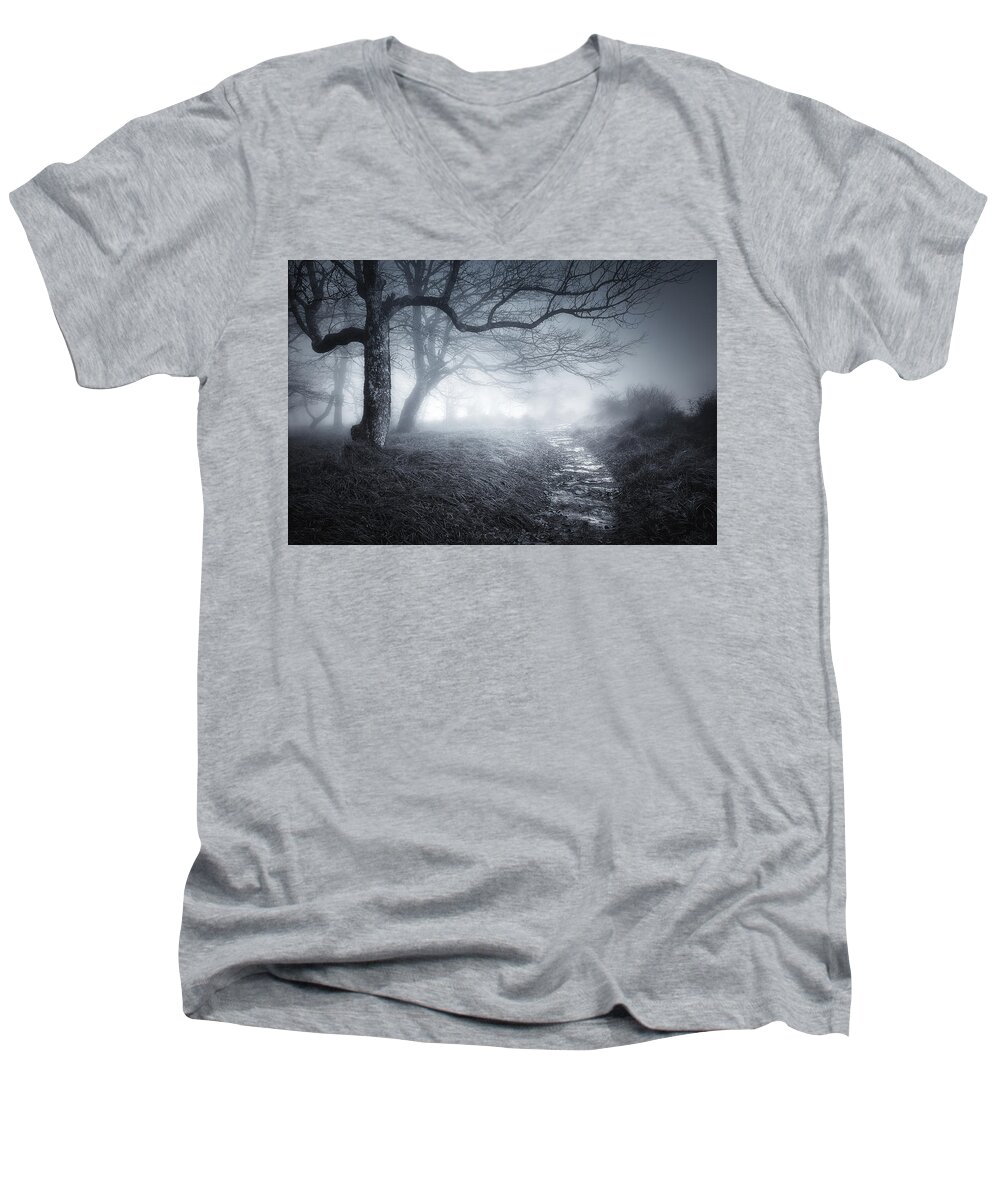 Scary Men's V-Neck T-Shirt featuring the photograph The old forest by Mikel Martinez de Osaba