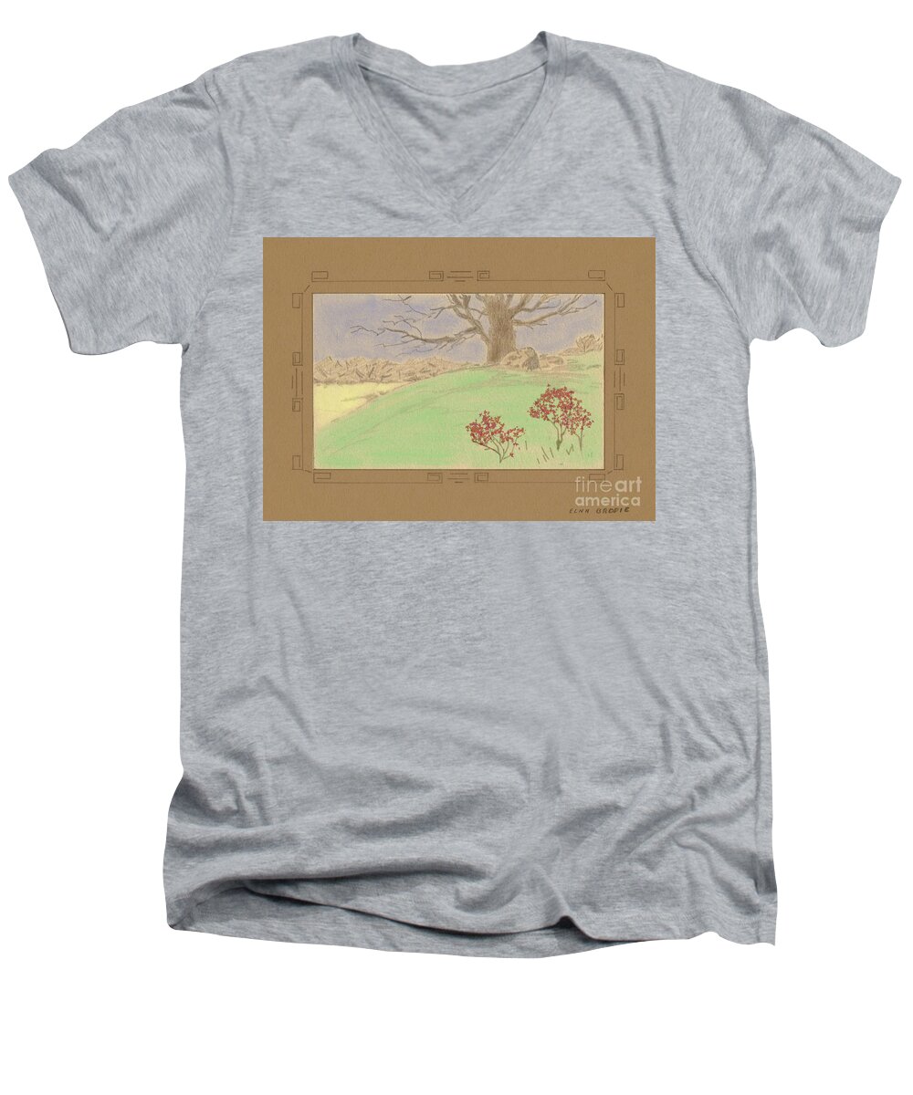 Gully Men's V-Neck T-Shirt featuring the drawing The Old Gully Tree by Donna L Munro